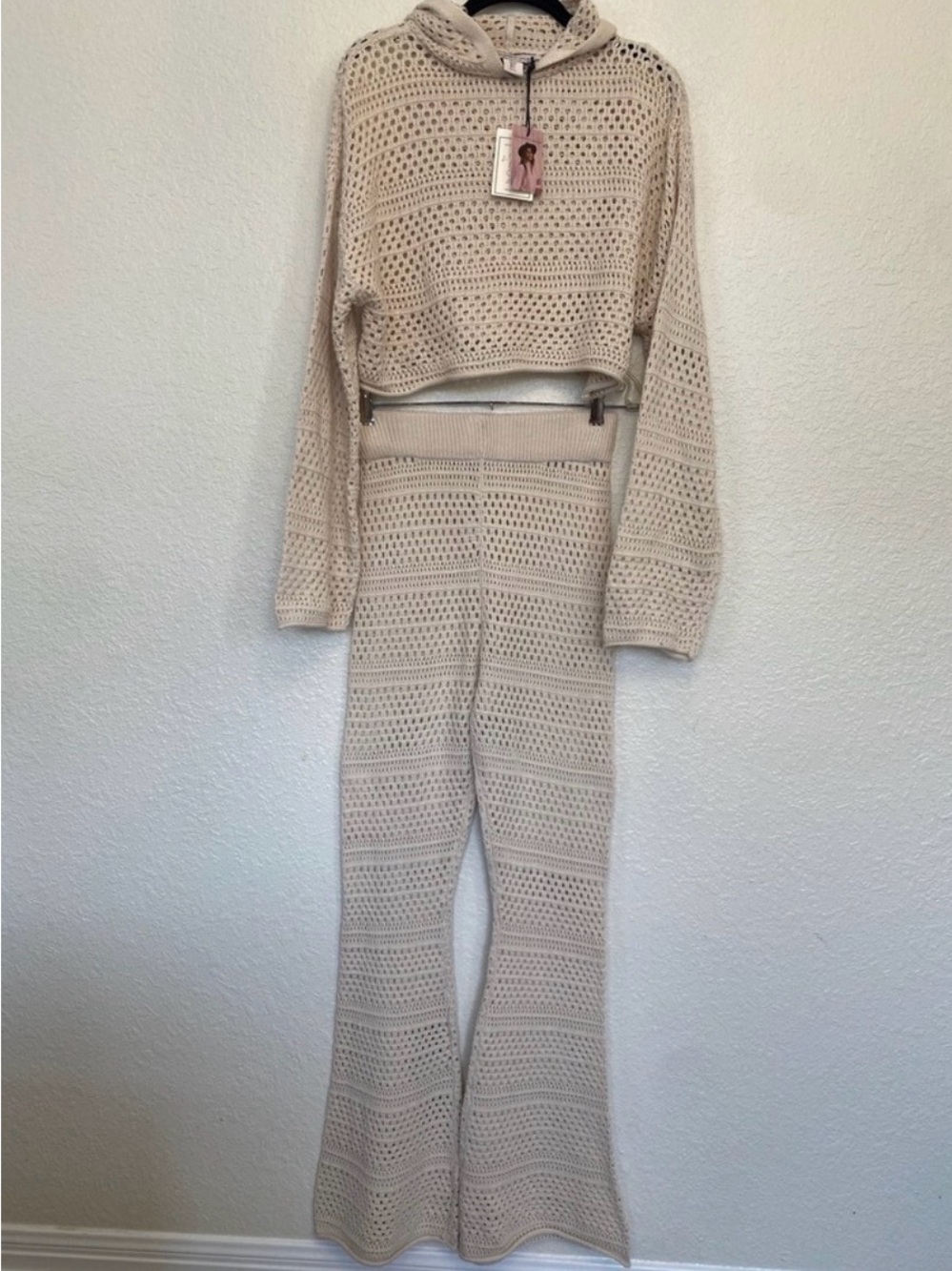 032 Sincerely Jules Cream Crochet Knit Hoodie & Flared Pants Set